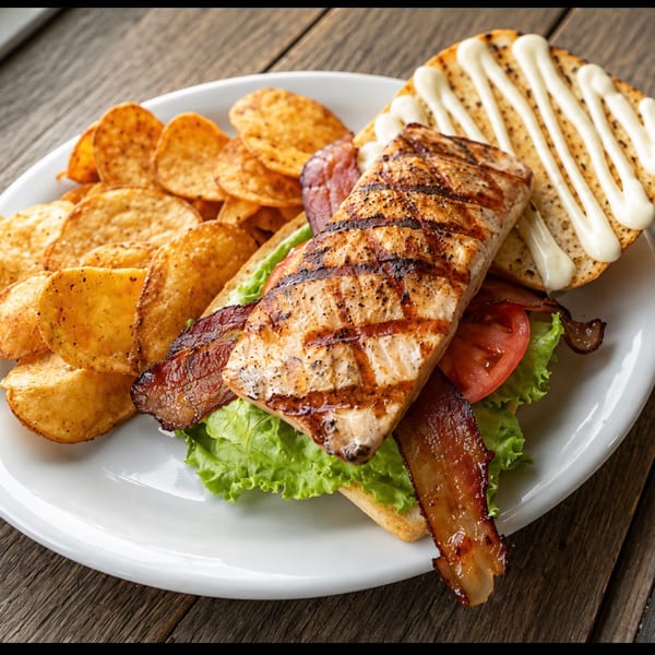 Grilled salmon sandwich with bacon, lettuce, tomato, and chips on a white plate.