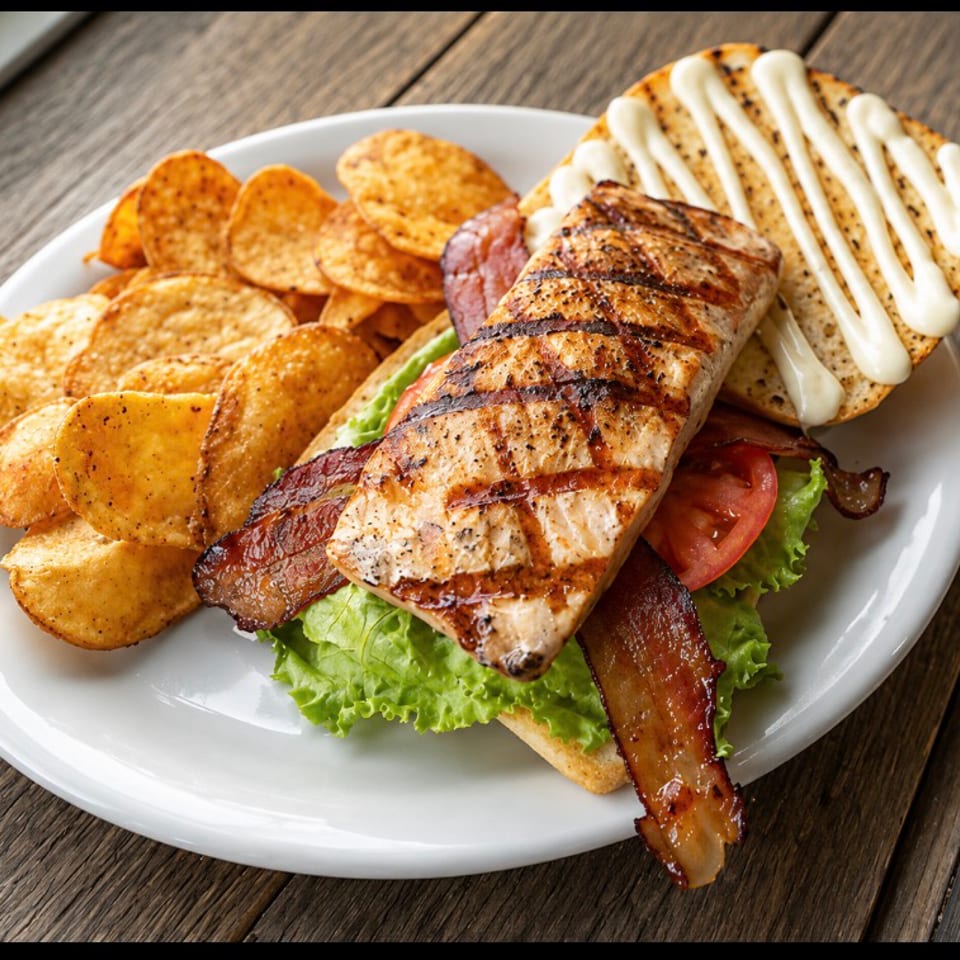 Grilled salmon sandwich with bacon, lettuce, tomato and chips on a white plate.