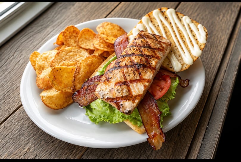 Grilled salmon sandwich with bacon, lettuce, tomato, and chips on a white plate.