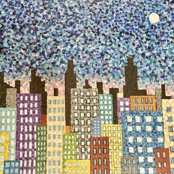 Pointillist painting of a colorful city skyline at night with a full moon.