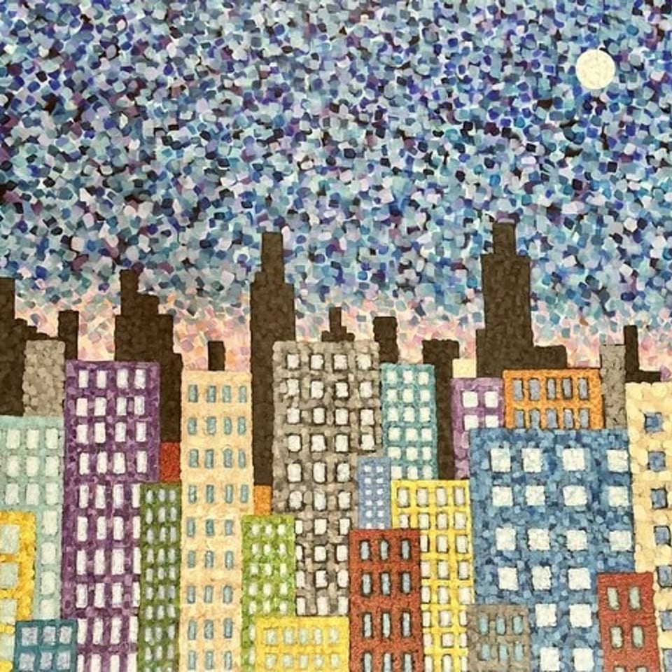 Pointillist painting of a colorful city skyline at night with a full moon.