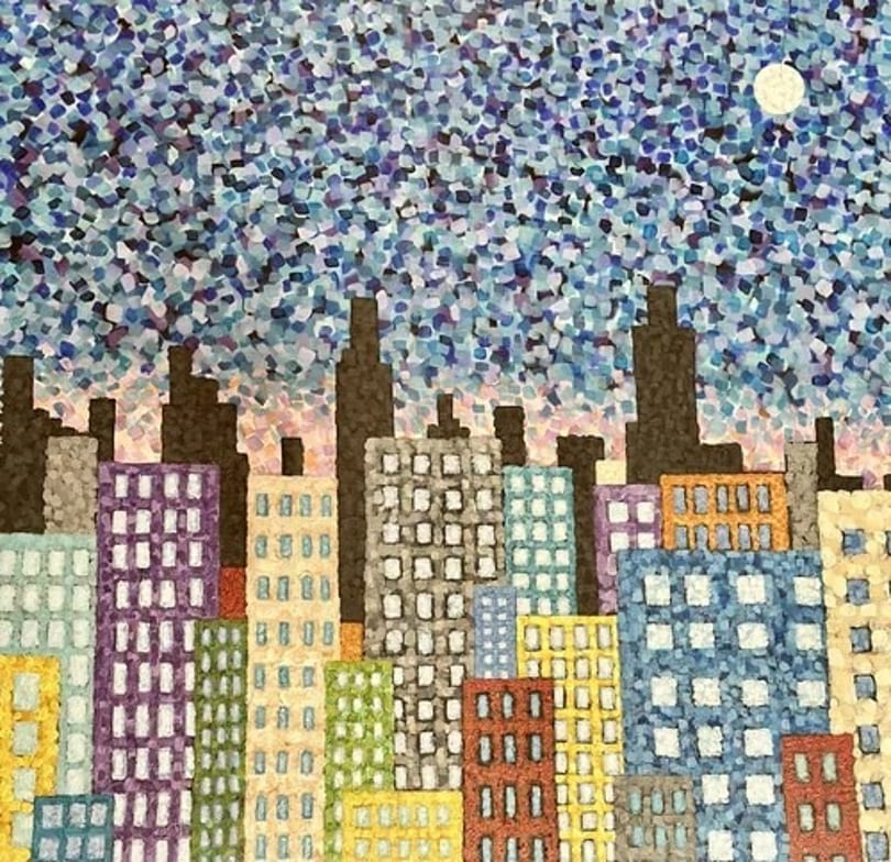 Pointillist painting of a colorful city skyline at night with a full moon.