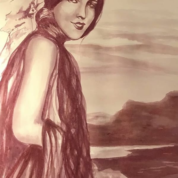 Watercolor painting of a woman with long dark hair looking over her shoulder at a landscape.