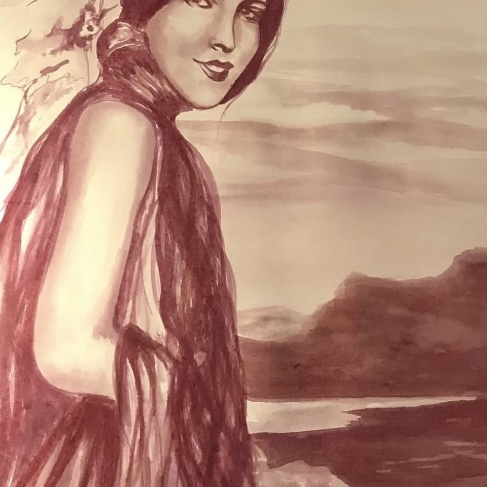 Watercolor painting of a woman with long dark hair looking over her shoulder at a landscape.