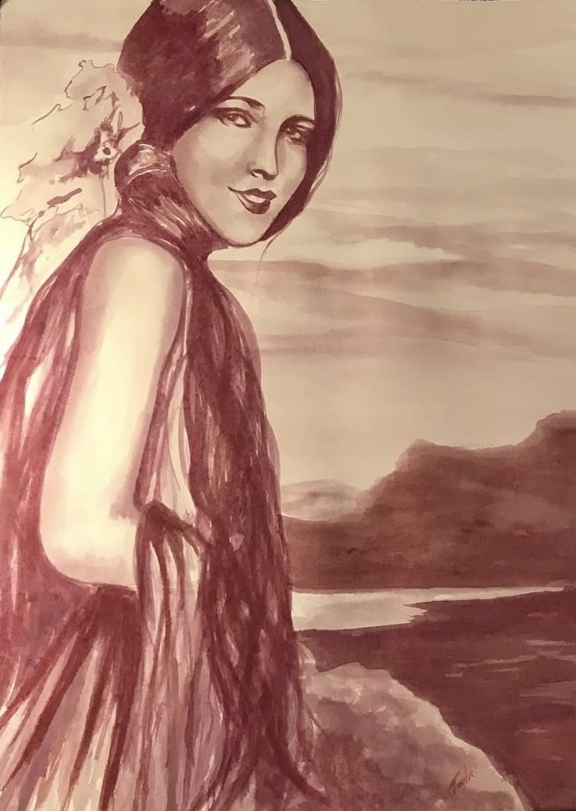 Watercolor painting of a woman with long dark hair looking over her shoulder at a landscape.