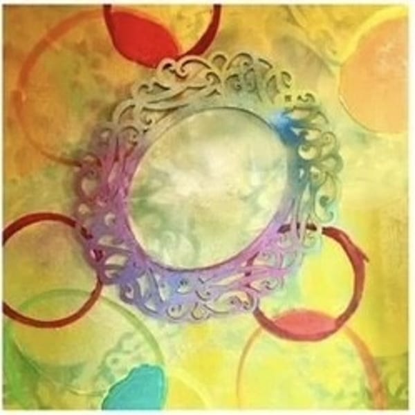 Abstract painting with a central ornate oval frame and colorful circles on a yellow background.