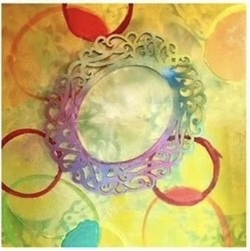 Abstract painting with a central ornate oval frame and colorful circles on a yellow background.