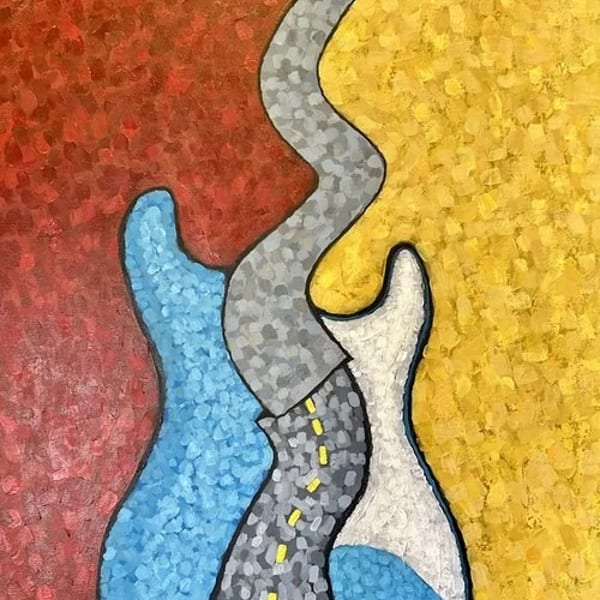 Abstract painting of two guitar bodies, blue and white, connected by a winding road.