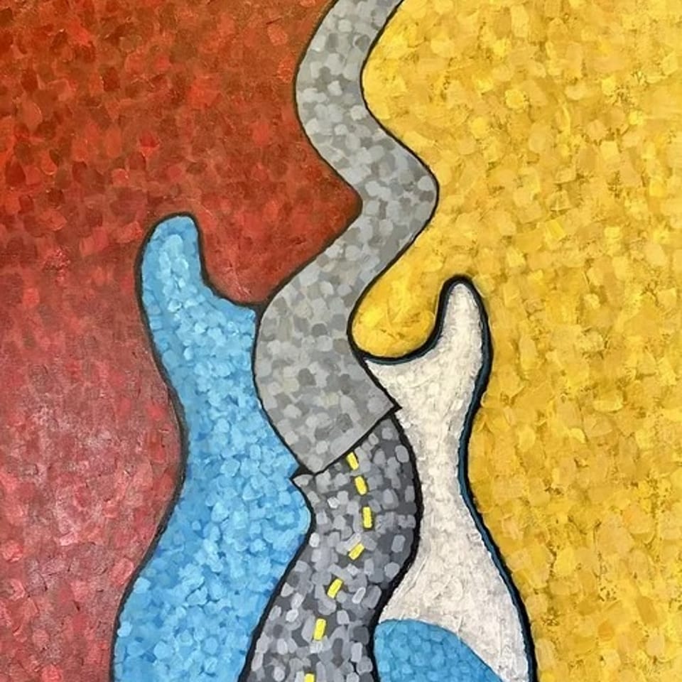 Abstract painting of two guitar bodies, blue and white, connected by a winding road.