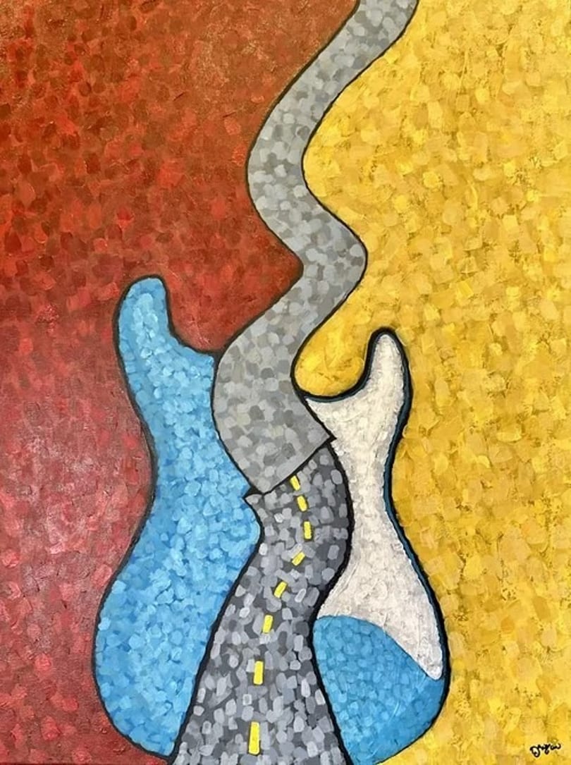 Abstract painting of two guitar bodies, blue and white, connected by a winding road.