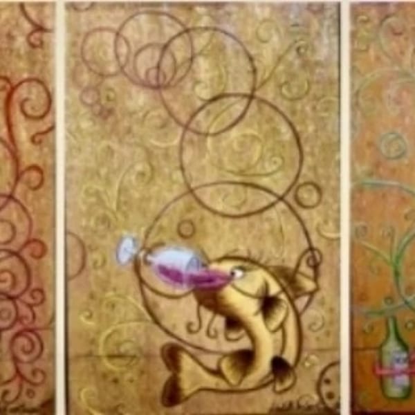 Three panels depicting a crawfish with beer, a fish drinking wine, and an alligator with a bottle.