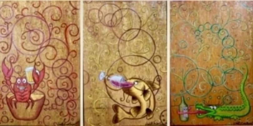 Three panels depicting a crawfish with beer, a fish drinking wine, and an alligator with a bottle.