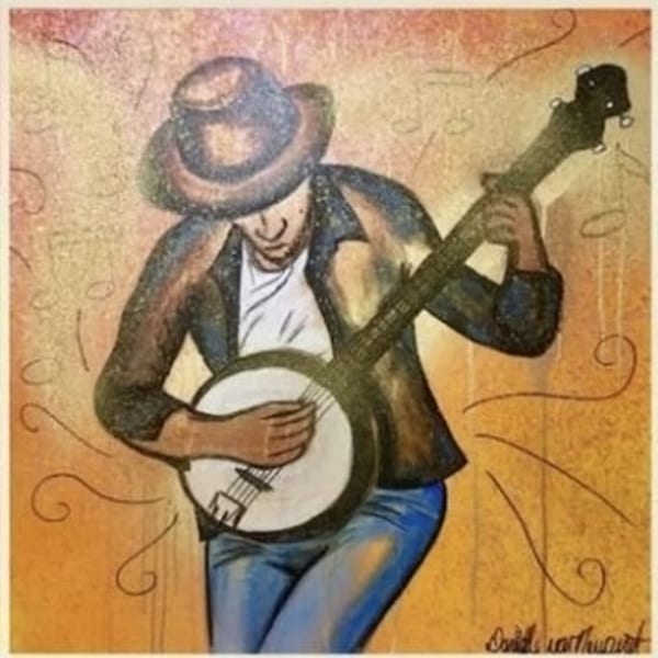 Painting of a man in a hat playing a banjo, with musical notes in the background.