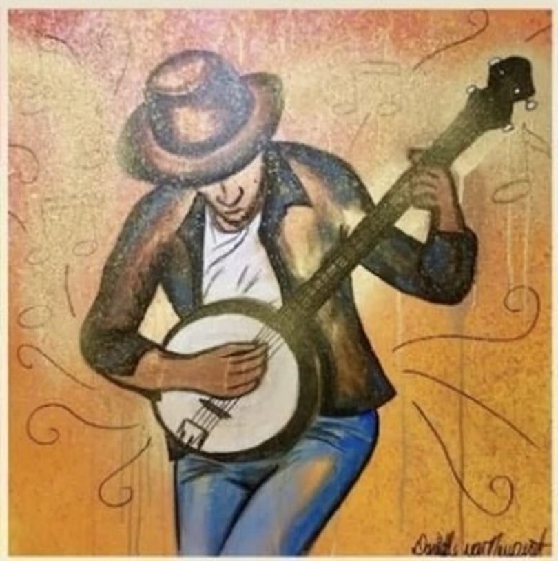 Painting of a man in a hat playing a banjo, with musical notes in the background.