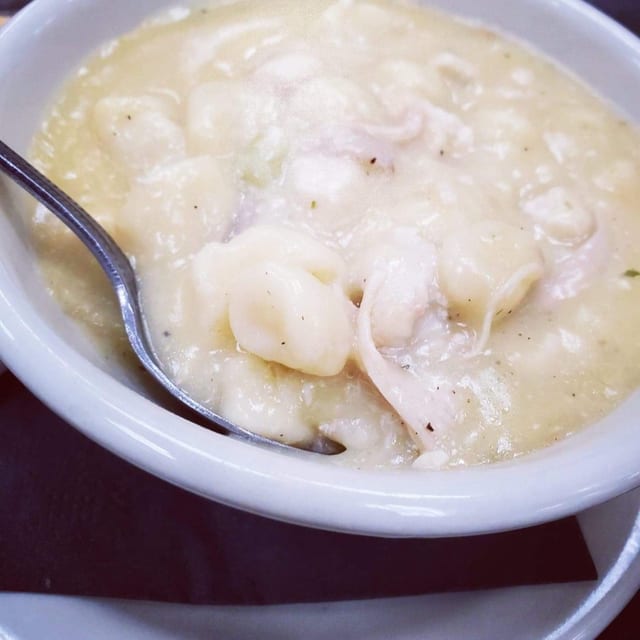 Jacqueline's Chicken Dumpling with a Side Salad and a Side of Garlic Points.